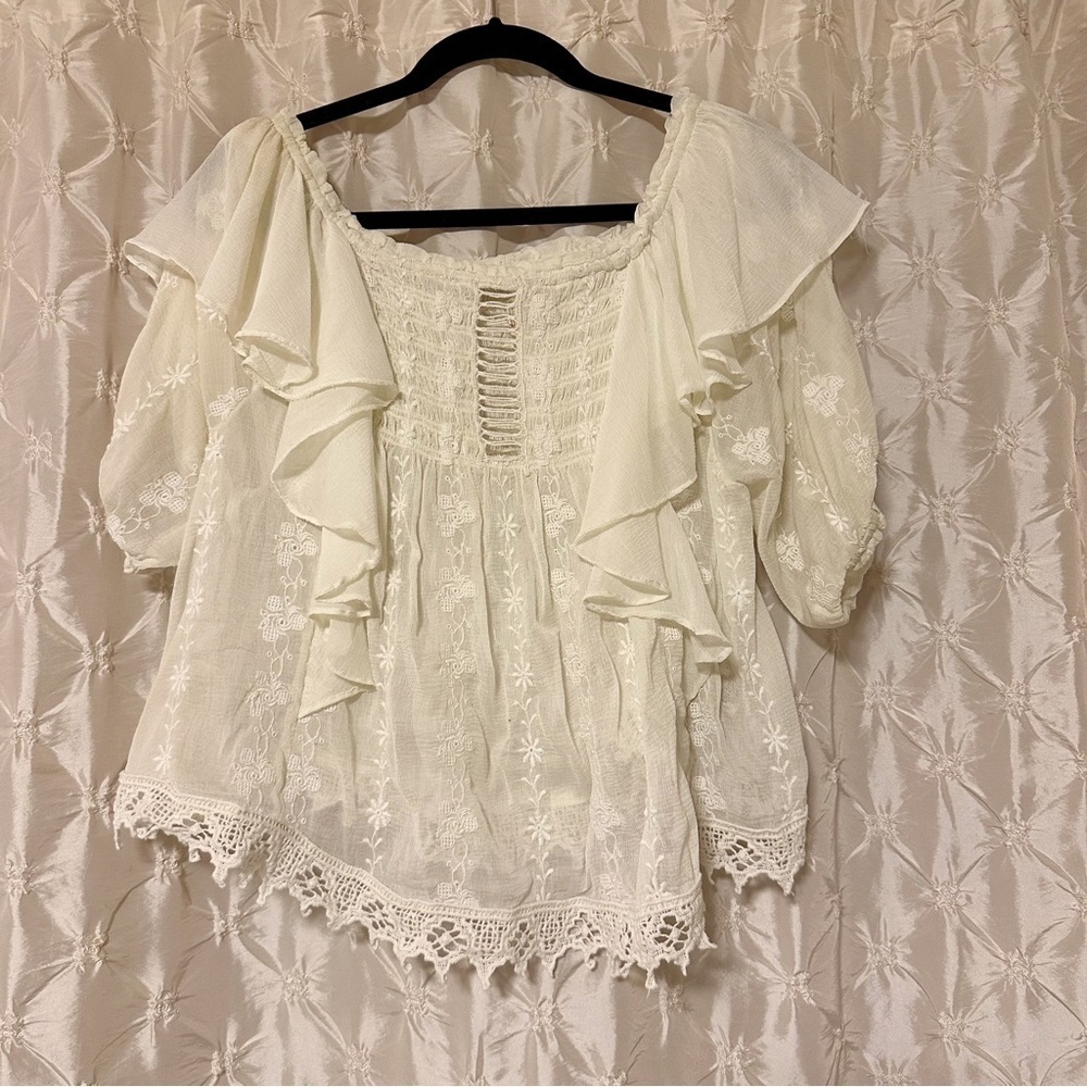 Free People Cream Lace Peasant Blouse with Ruffled Shoulders